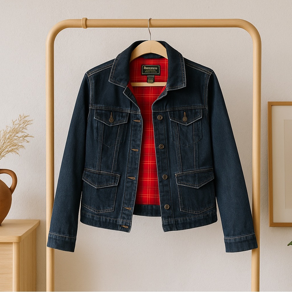 Eddie Bauer Premium Denim Jean Plaid Red Linning Jacket Unisex Size Small Coat